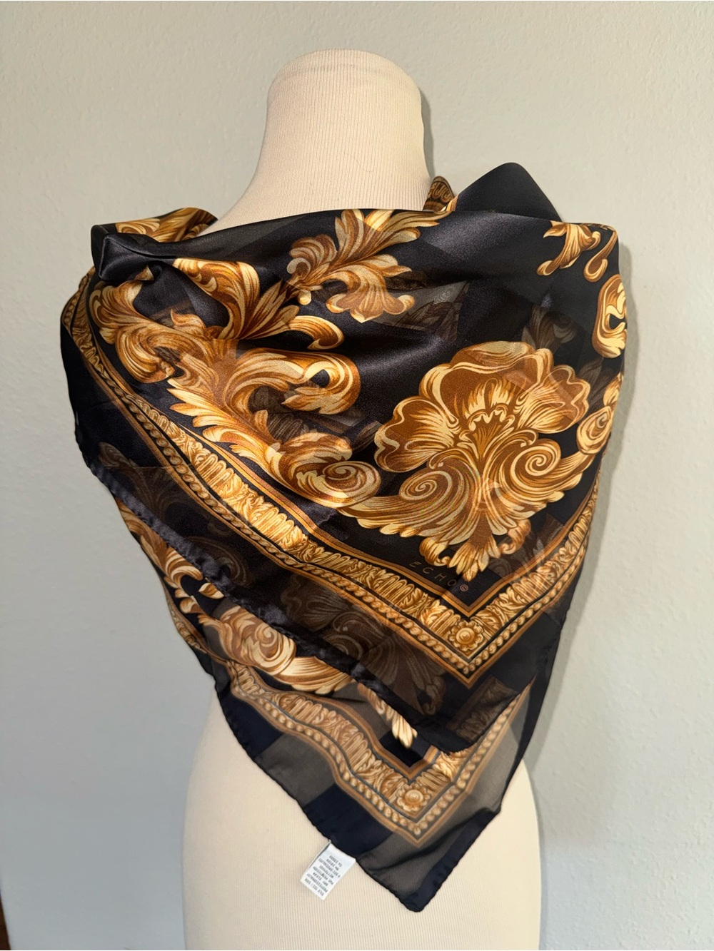 echo 100% silk gold/black scarf
